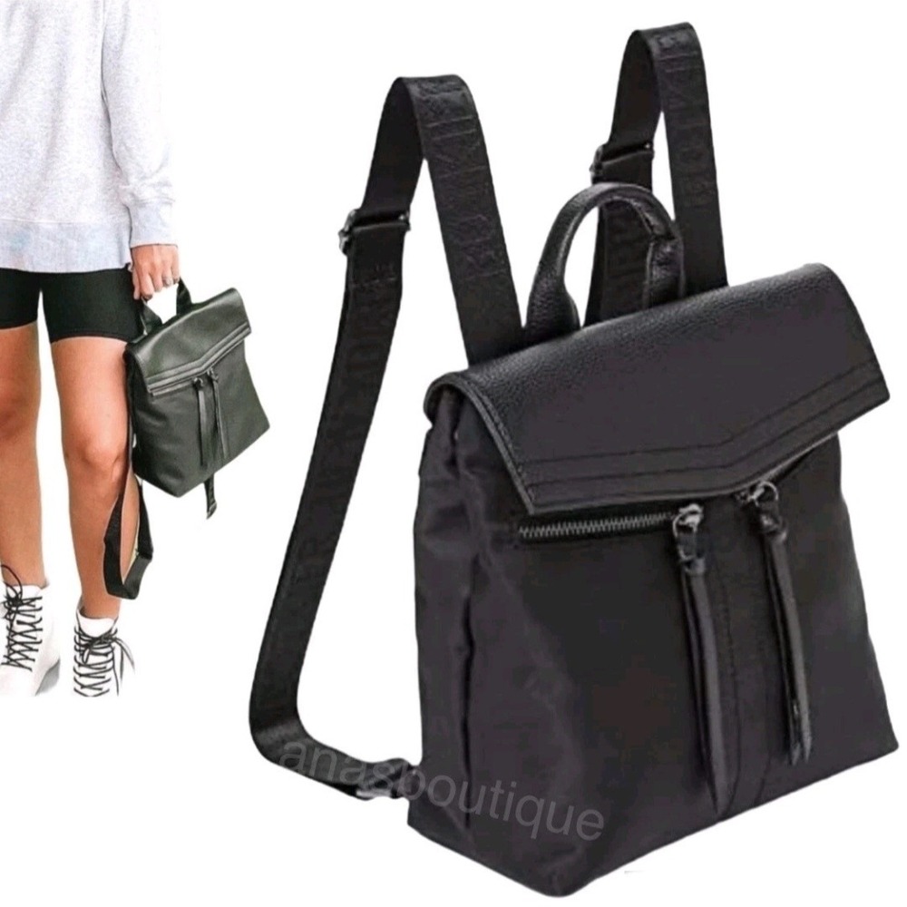 Botkier New York Black Nylon Leather Flap Backpack Tassel Zipper Straps